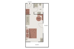 A floor plan with a kitchen, dining area, and two balconies. - (3) Ferienwohnung 30 qm, Dusche/WC, Kochnische und Balkon (Reit im Winkl)