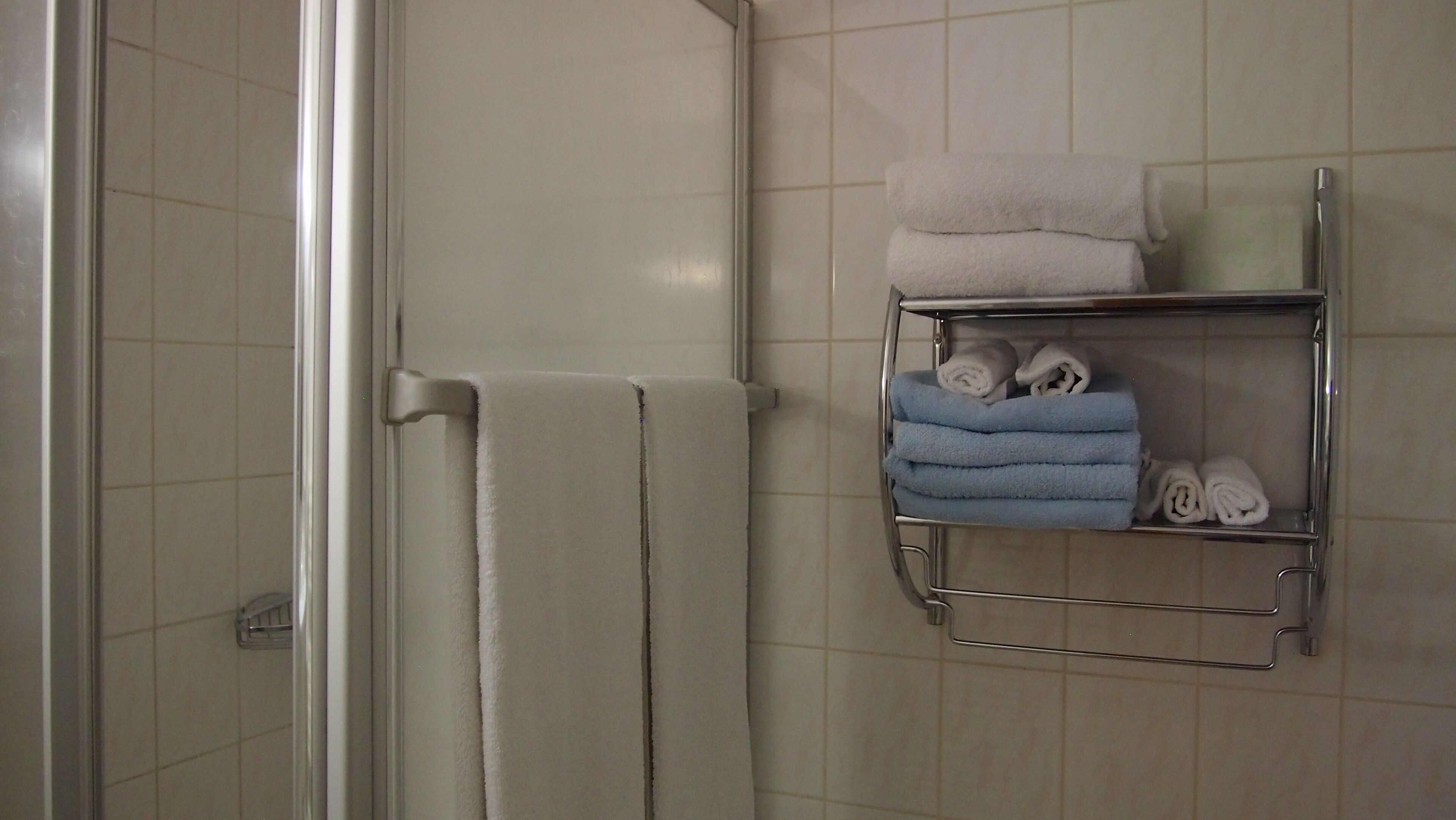 Un baño con una toalla blanca colgada en un perchero, un perchero de metal con toallas dobladas y una zona de ducha con puerta de cristal.