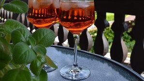 Two glasses of amber liquid with ice and orange slices on a table with a scenic view of a forested hillside in the background.