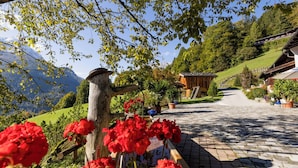 Un chemin pavé mène à un bâtiment en bois doté d’un toit en pente, entouré d’une végétation luxuriante et de plantes en fleurs.