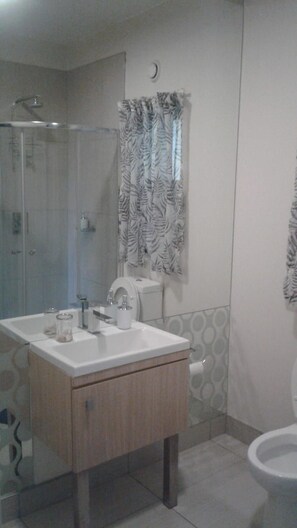A bathroom with a shower, a toilet, and a sink. - Sandton Luxury Ensuite Room In Apartment (Sandton)