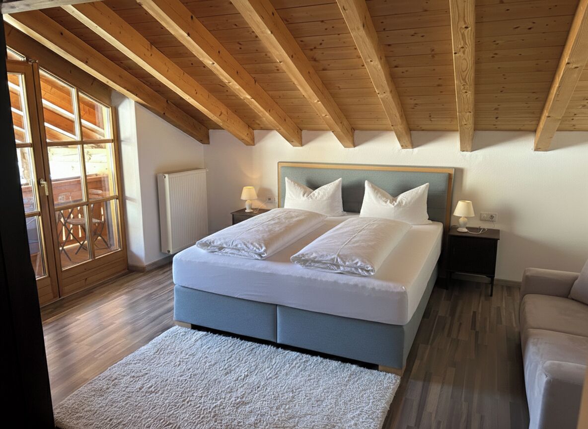 A bedroom with a bed, wooden ceiling beams, a radiator, and a window.