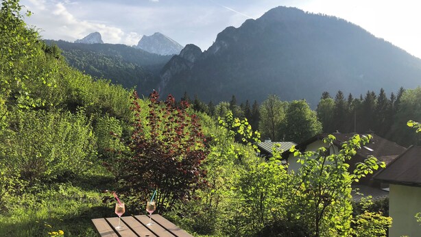 Een picknicktafel met een rode kussen en een smartphone erop, omringd door groen en een uitzicht op een berg.