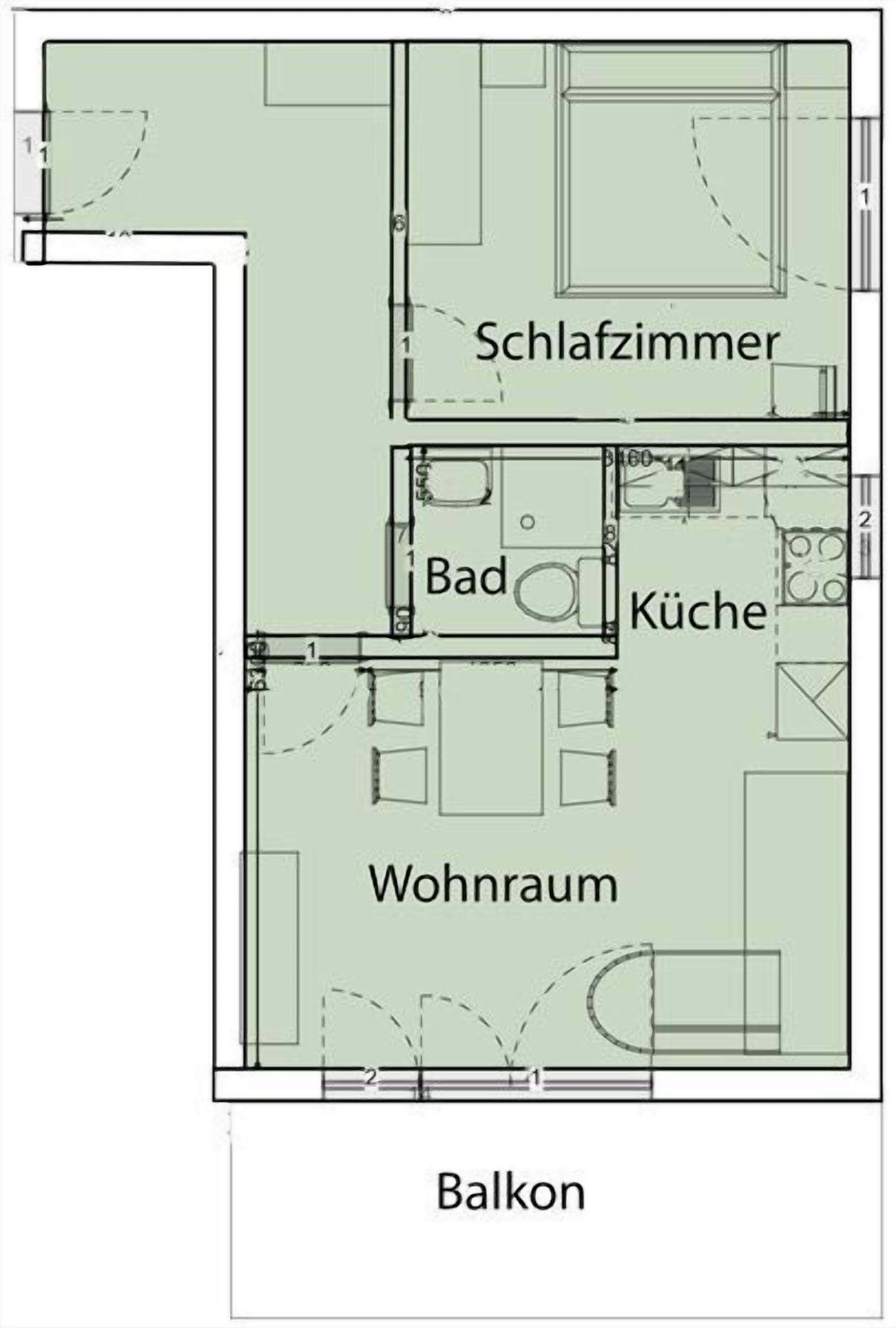 Plano de planta que muestra una sala de estar, cocina, baño, dormitorio y balcón.