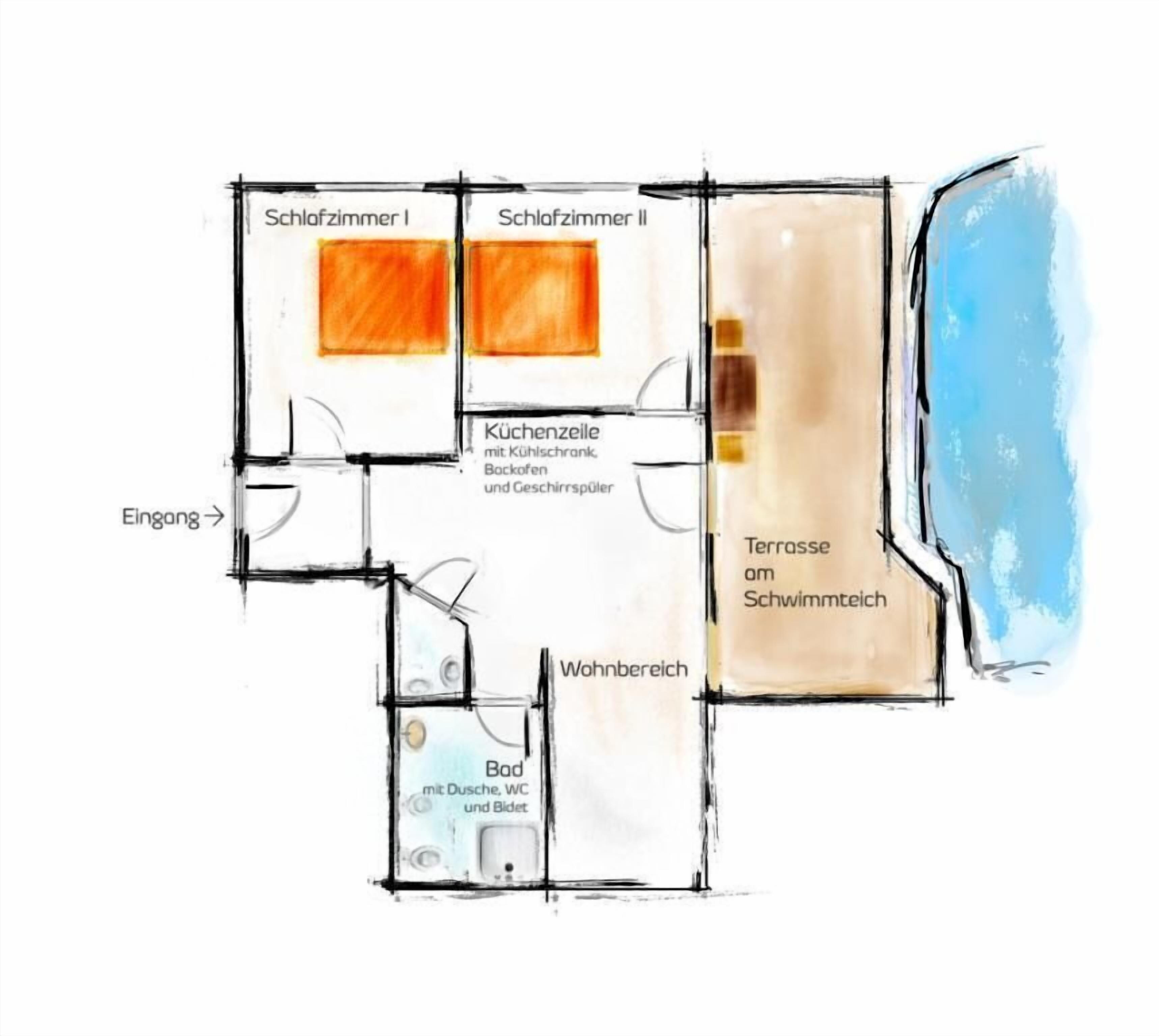 A hotel floor plan with two bedrooms, a kitchen, a bathroom, a living room, and a terrace with a swimming pool view.