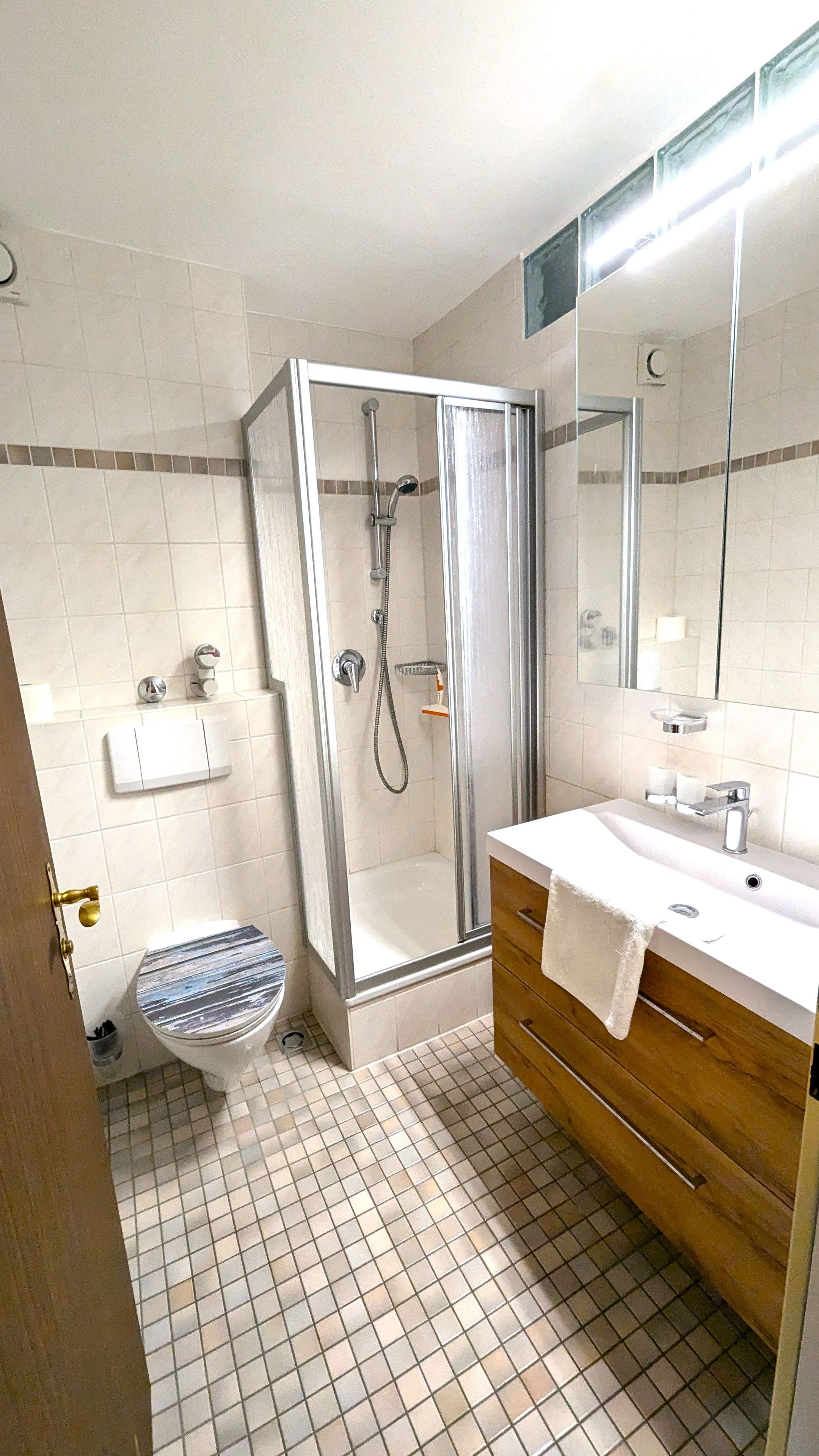 A bathroom with a glass-enclosed shower, a toilet, and a vanity with a mirror.
