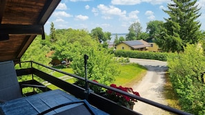 Blick vom Balkon auf einen Fluss, mit einem Haus und GrĂŒn im Hintergrund.