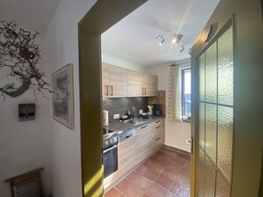 Fridge, microwave, oven, stovetop - Vacation apartment, 100 sqm 2-6 persons, terrace (Übersee)