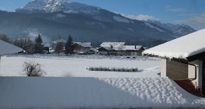 Ferienwohnung Engel, 35 qm, Dusche/WC und Balkon mit Bergblick