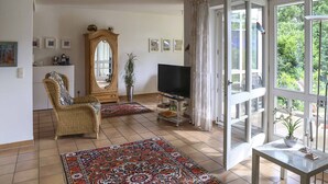 Un salon avec un téléviseur, un grand miroir, un fauteuil en osier et un tapis à motifs.