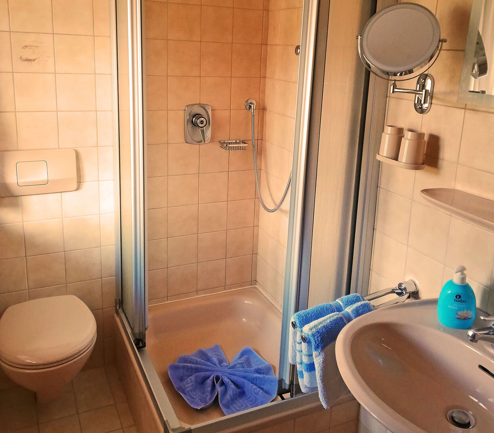 Ein Badezimmer mit Dusche, Toilette, Waschbecken und Spiegel.