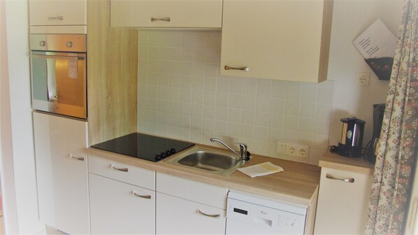 A compact kitchen with a stove, sink, and dishwasher.