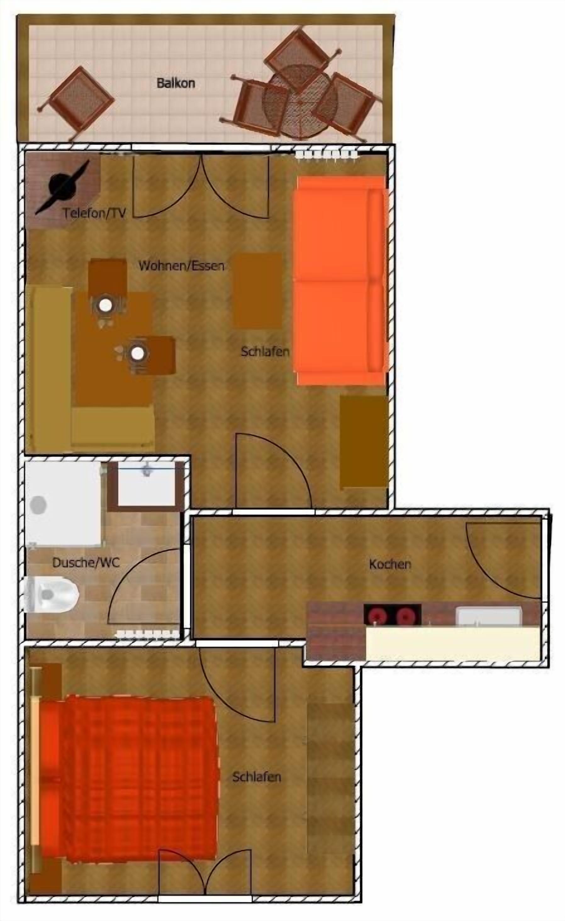 Een plattegrond van een hotelkamer met balkon, eigen badkamer, keuken en twee slaapkamers.