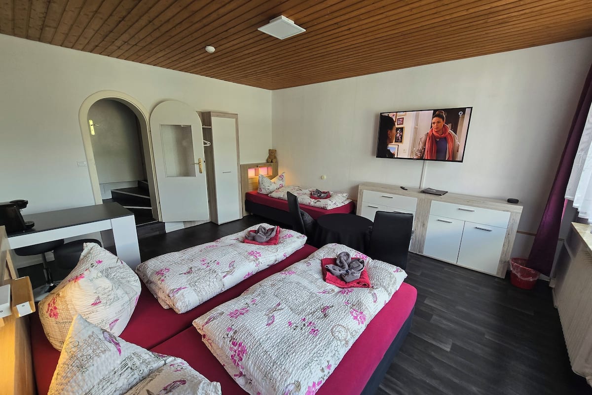 A hotel room with a bed, a desk, a TV, and a wardrobe.