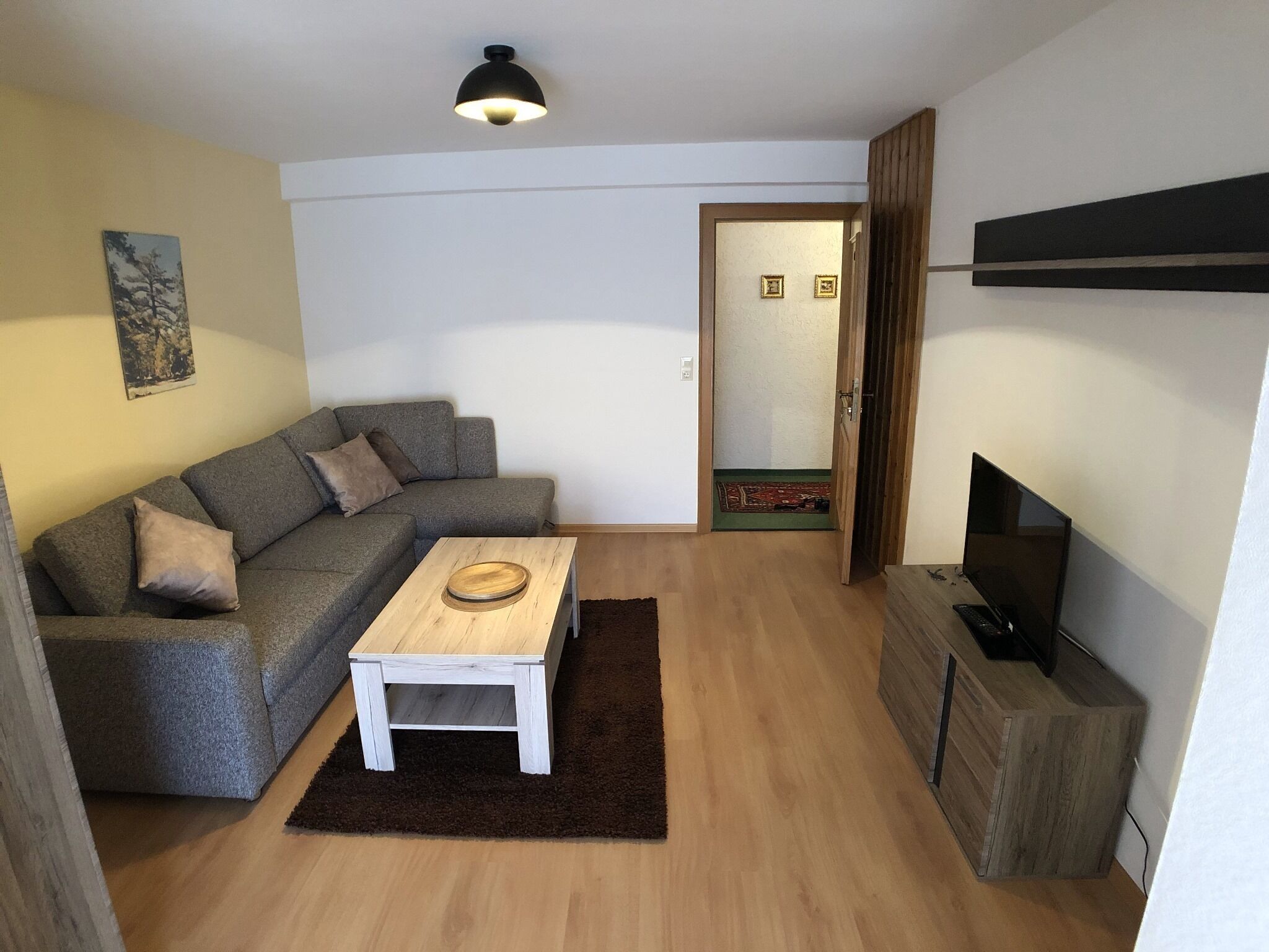 Un soggiorno con un divano angolare grigio, un tavolino in legno, una TV su un mobile in legno e una porta che dà su un'altra stanza.
