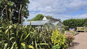 A greenhouse with a glass roof, surrounded by various plants and flowers. - The House at Glenbarr (Tarbert)