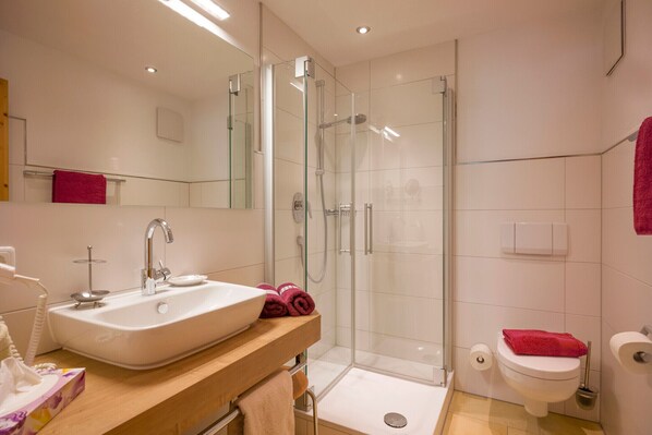 Shower, hair dryer, towels - Kaiserblick vacation apartment, 50 m², south-facing balcony with mountain view and two bedrooms (Oberaudorf)