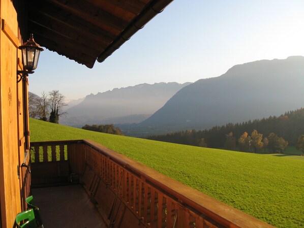 A wooden balcony with a view of green fields and mountains.