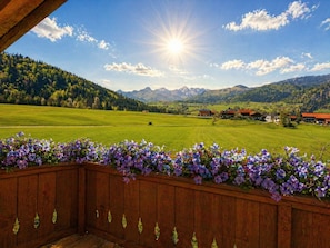 A wooden balcony with a flower box, a view of a green field, and mountains in the background.