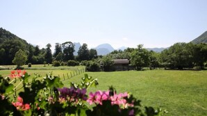 Un paysage rural avec une maison, des champs verdoyants et des montagnes en arrière-plan.