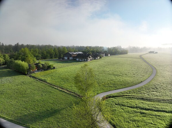 Paisaje rural con una casa de campo, campos verdes y un camino sinuoso.