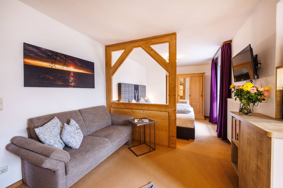 Een gezellige kamer met een bank, een klein tafeltje, een houten scheidingswand, een bed, een televisie en een raam met gordijnen.