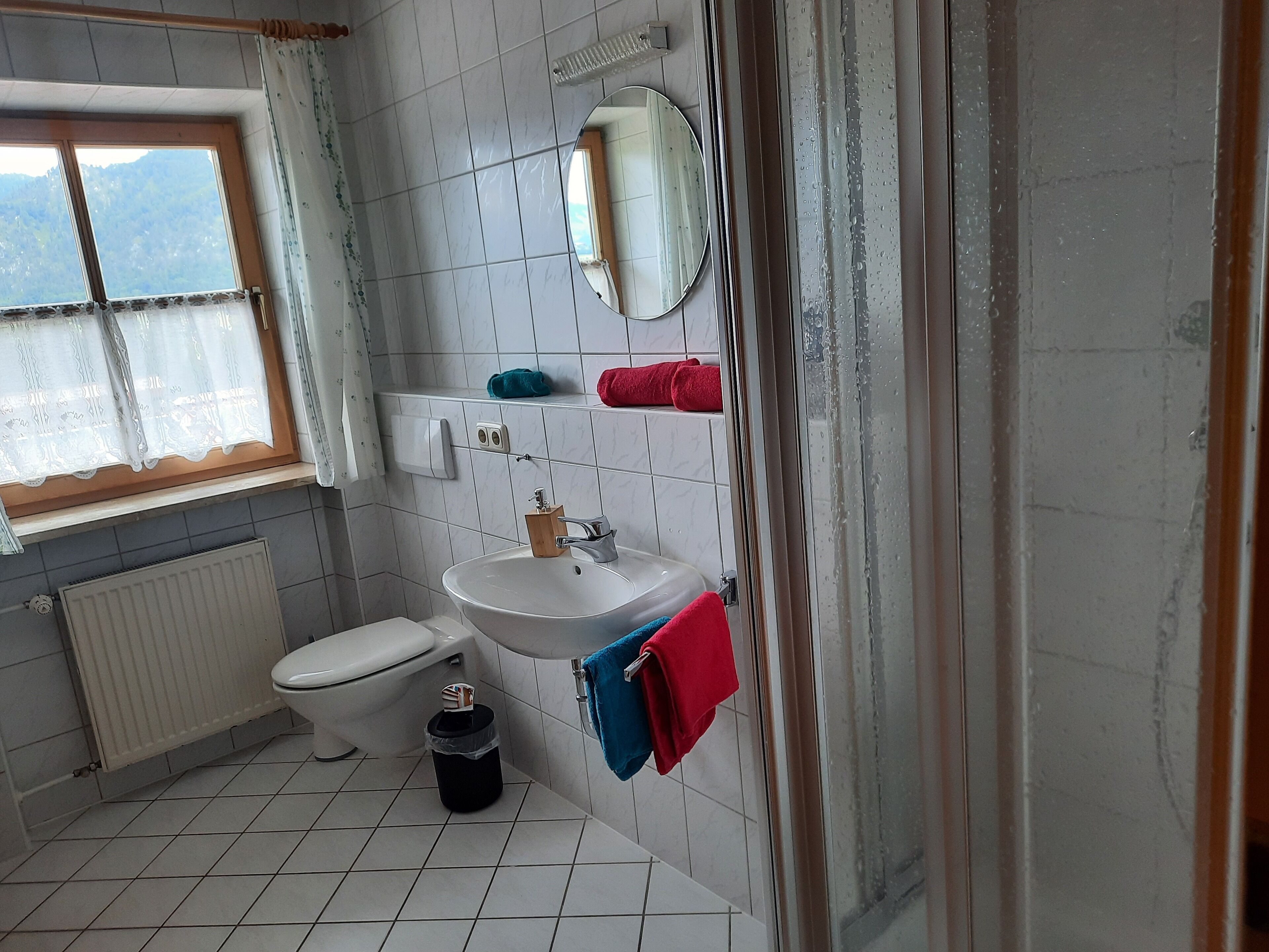 A bathroom with a toilet, sink, mirror, and a window with a view of mountains.