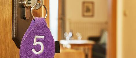 A door with a key and a purple keychain with the number 5.