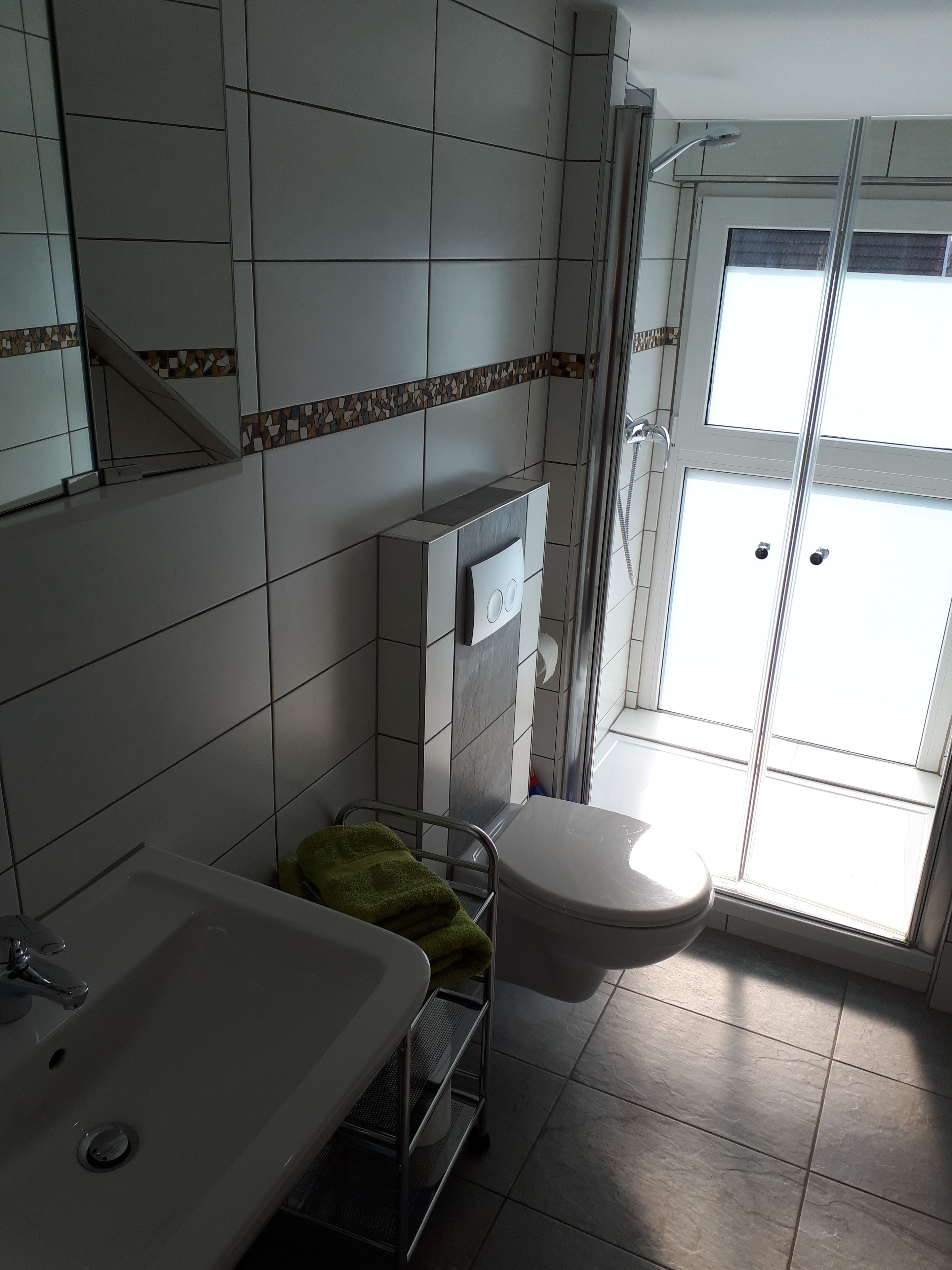 A bathroom with a white sink, a toilet, and a shower area.