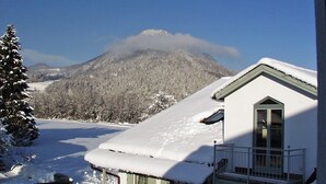A snow-covered house with a balcony, a mountain in the background, and a snow-covered lawn.