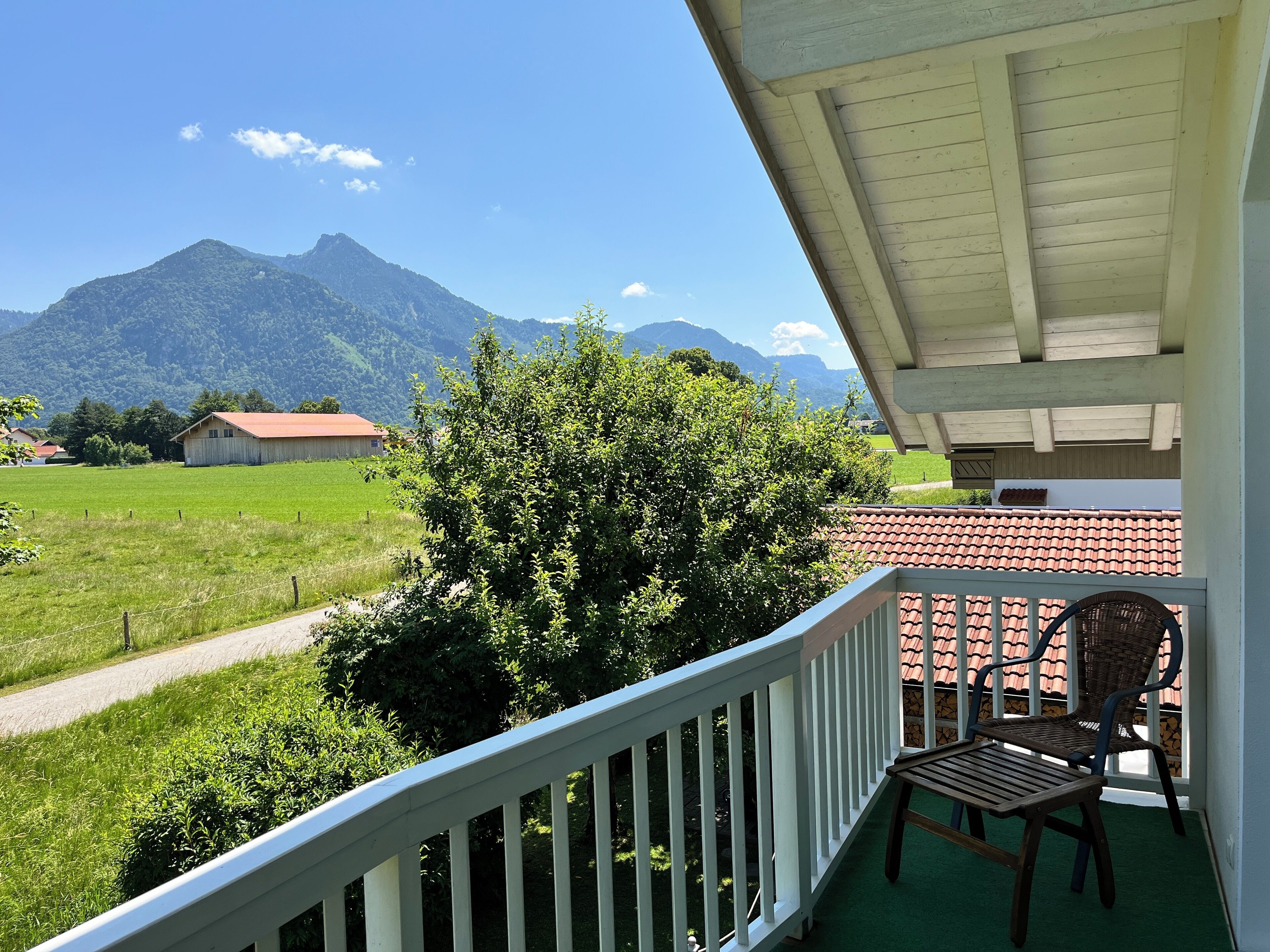 Un balcon avec vue sur une montagne, un arbre et un bâtiment doté d’un toit rouge.