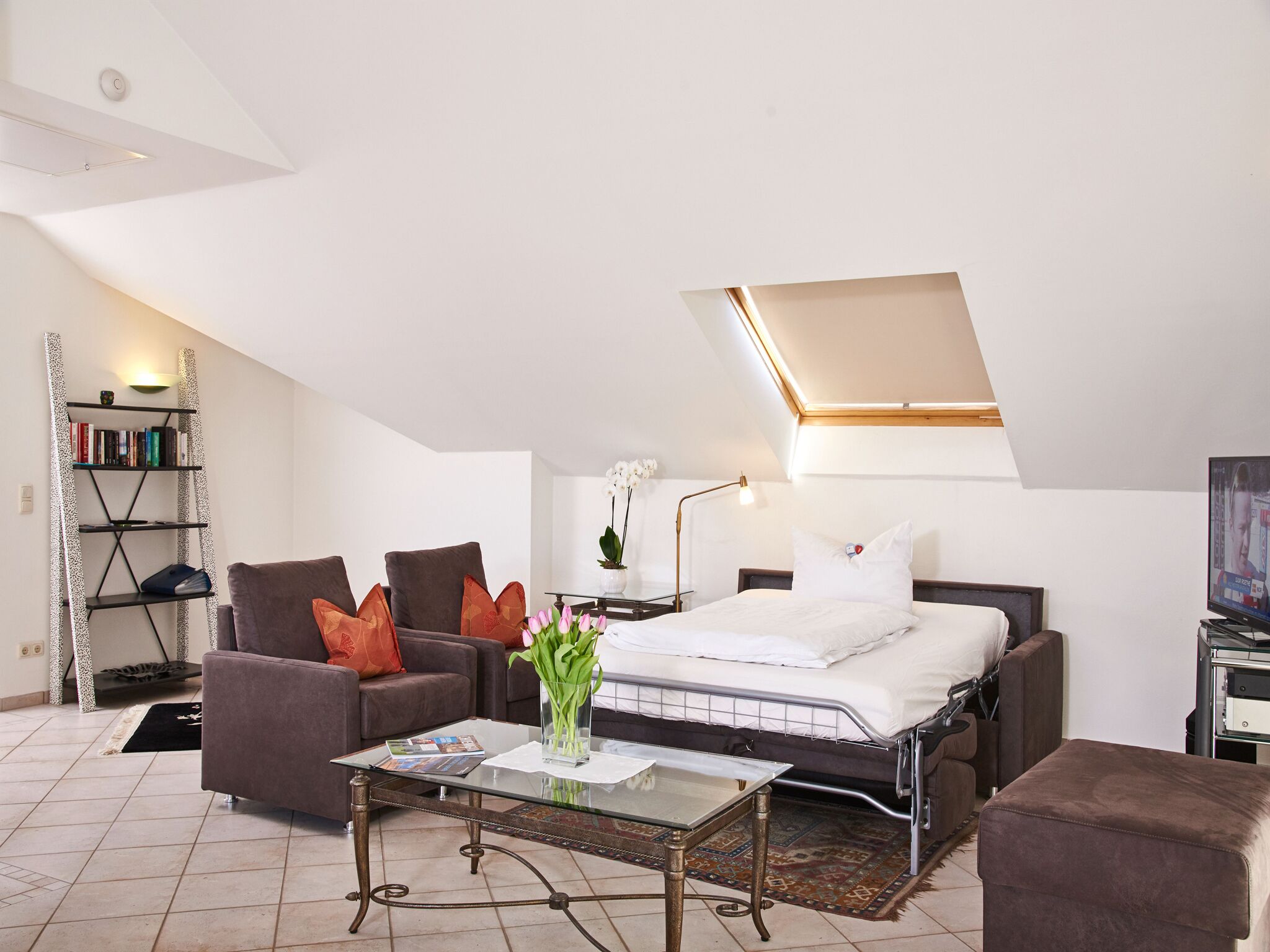 A modern loft bedroom with a skylight, a bed, a sofa, a coffee table, and a bookshelf.