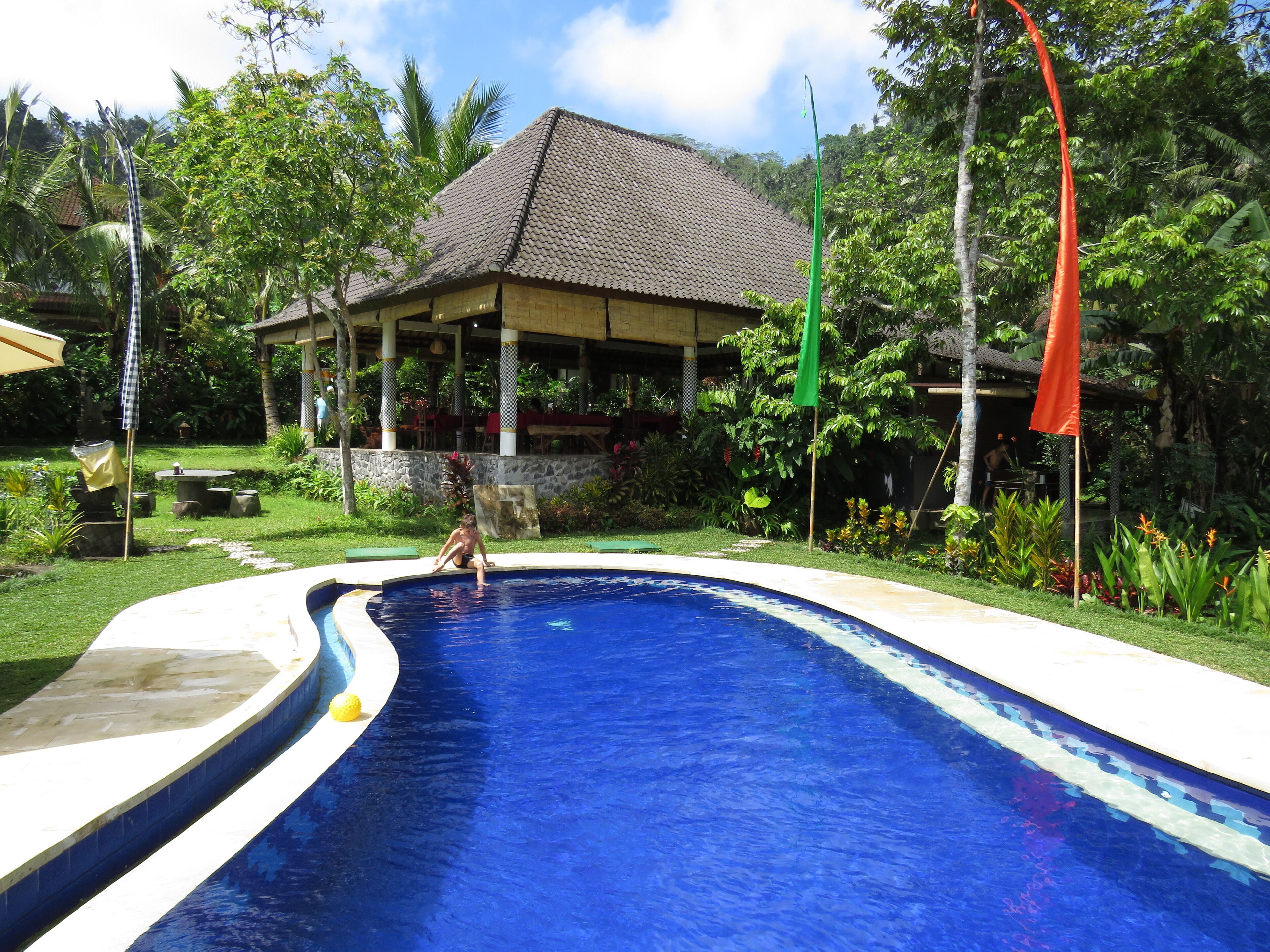 Piscine extérieure, parasols de plage, chaises longues