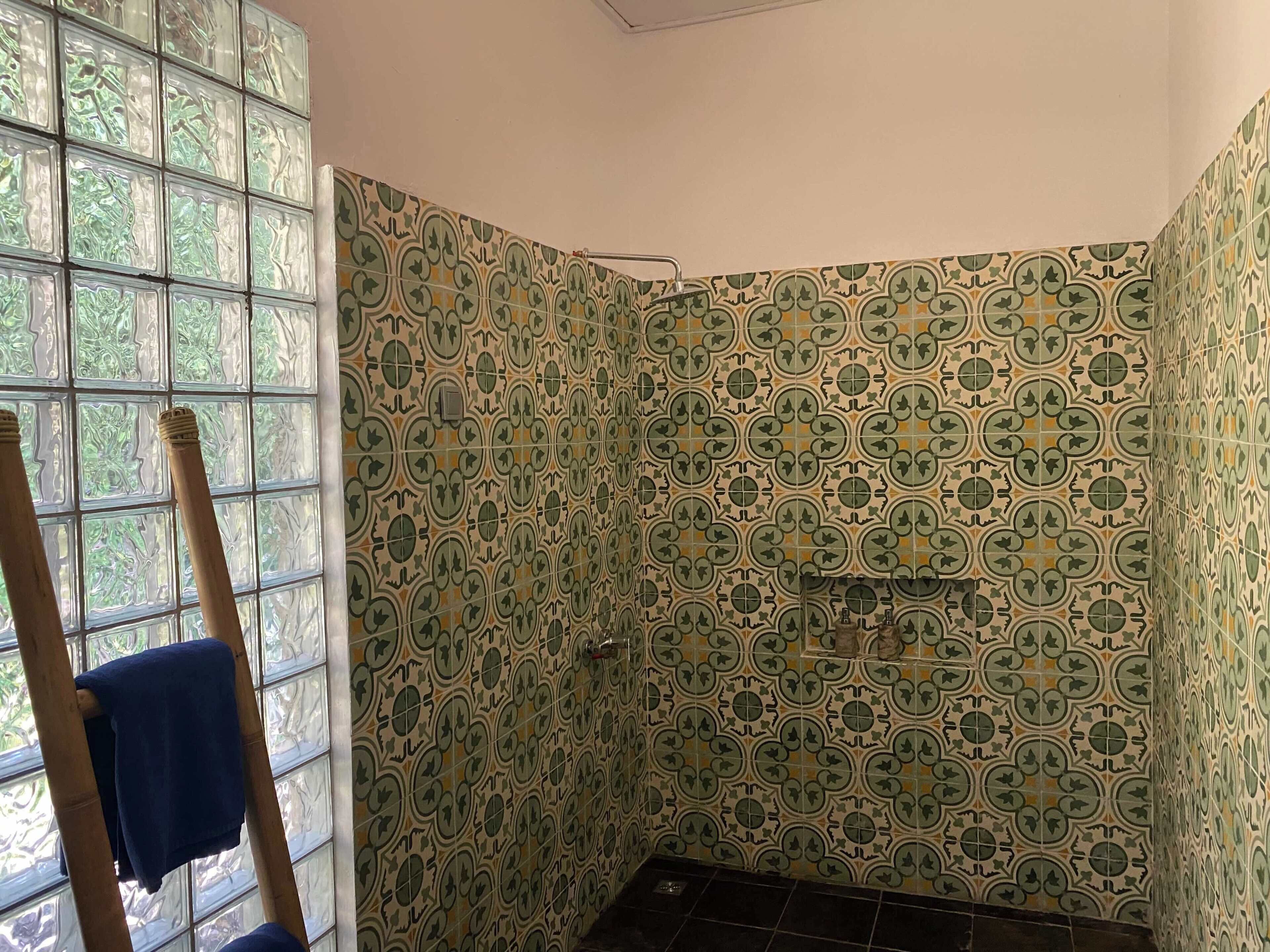 Une salle de bain avec des carreaux décorés, une douche, une fenêtre donnant sur un beau paysage et un porte-serviettes.