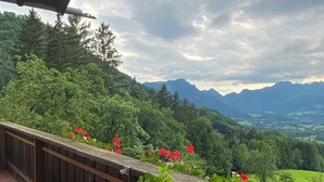 A wooden table with a magazine, a mug, and a potted plant on a balcony overlooking a mountainous landscape with red flowers. - Apartment Alpenpanorama optionally with 1 or 2 bedrooms, balcony, 60 sqm (Samerberg)