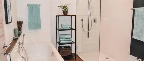 Shower, hair dryer, towels