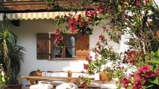 A patio with a wooden table and chairs, surrounded by potted plants and flowering vines. - Ferienwohnung für 3 Personen (Berchtesgaden)