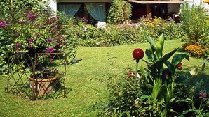 A house with a balcony, surrounded by a garden with various plants and flowers. - Apartment 2 upper floor 57sqm, balcony, kitchenette, 2 bedrooms, living room (Ruhpolding)