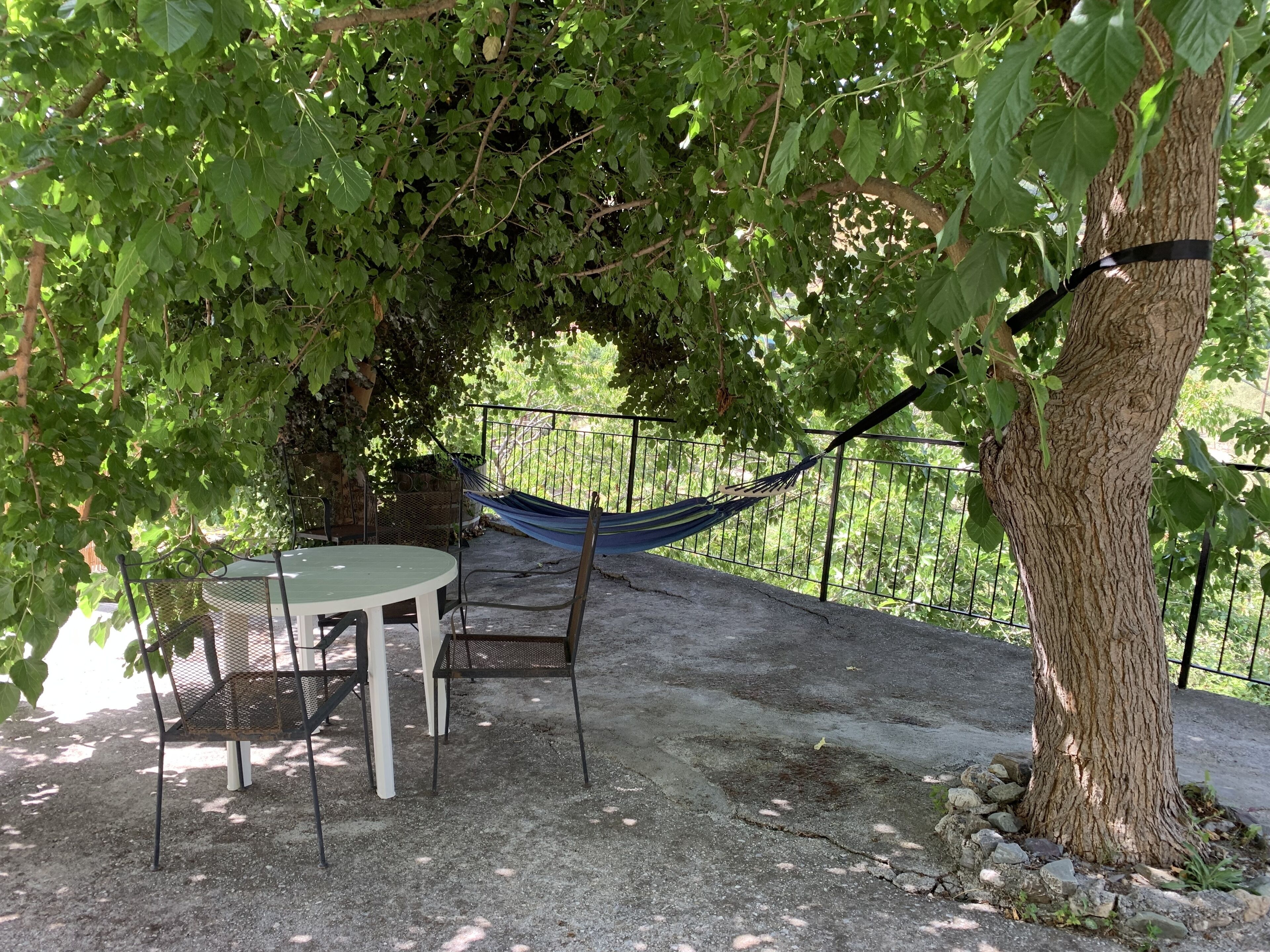 Un espace extérieur abrité, avec une table et des chaises, un hamac et une vue sur un jardin.