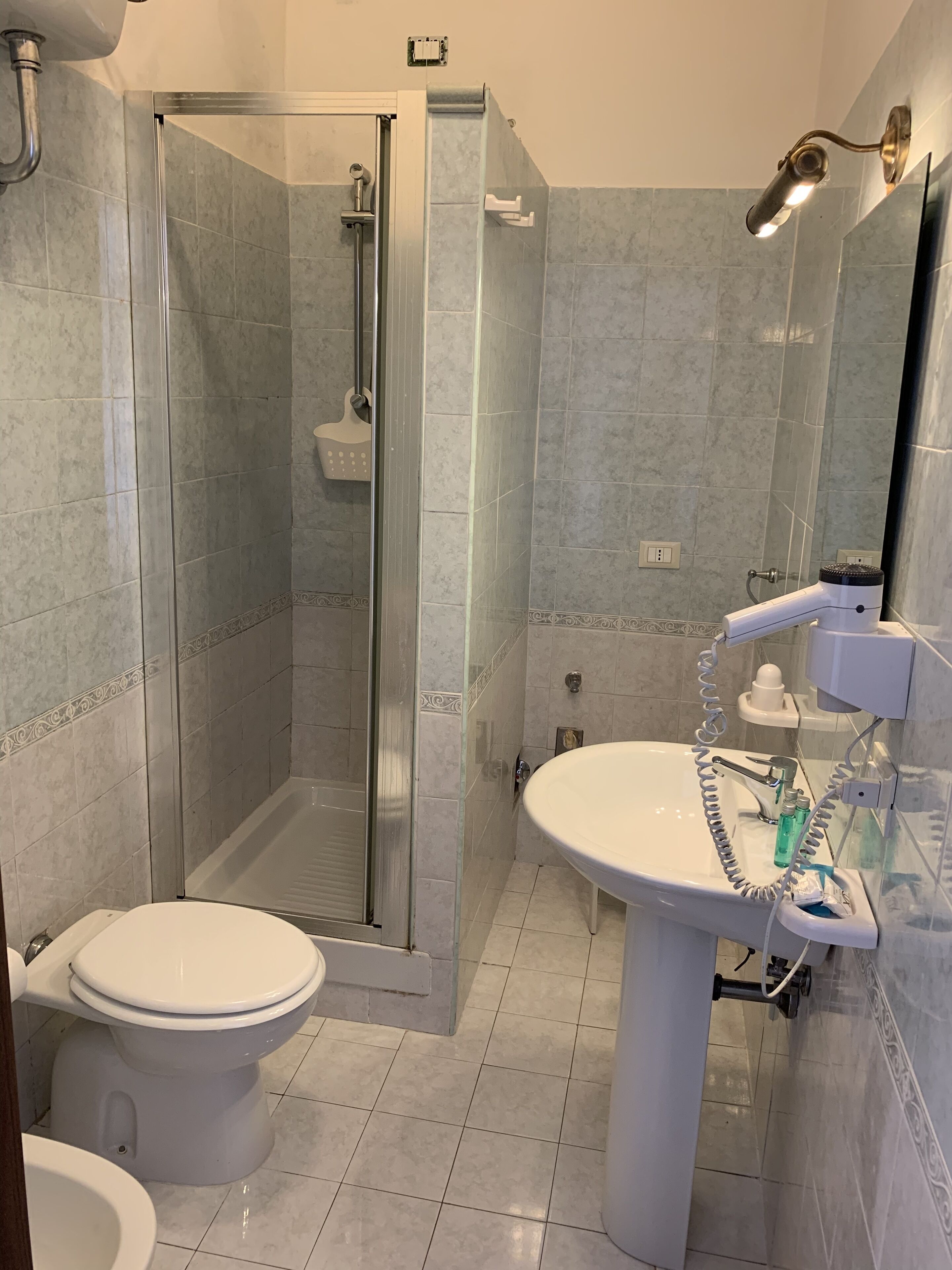 Un baño con ducha envuelta en vidrio, inodoro blanco y lavamanos sobre pedestal con cabezal de ducha de mano.