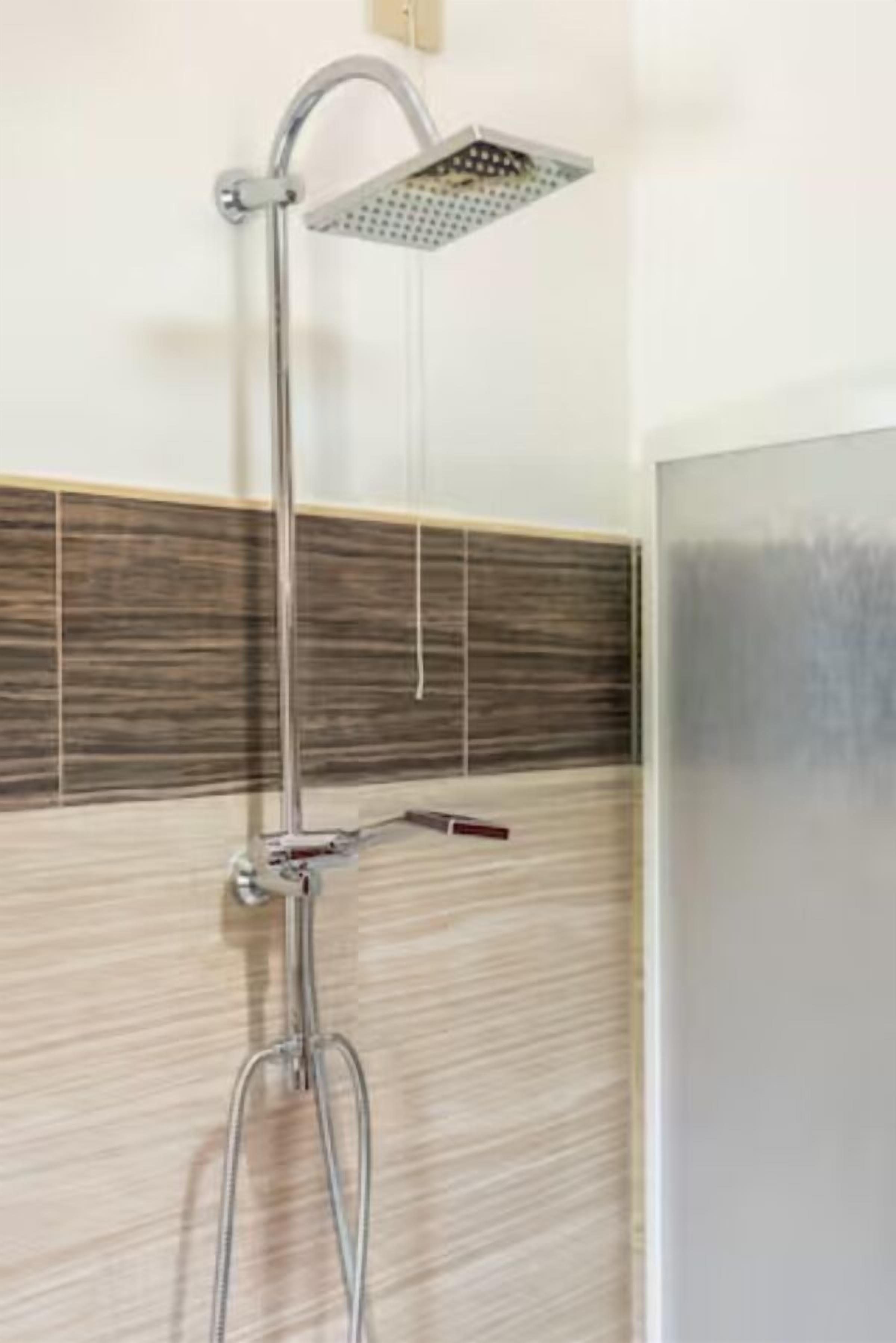 A shower with a handheld control and a wall-mounted panel.