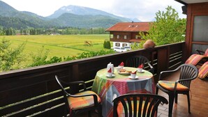 Eine Terrasse mit Esstisch, Stühlen und Blick auf ein grünes Feld sowie Berge im Hintergrund.