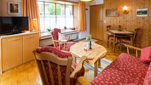 A cozy room with a wooden floor, a dining table with chairs, a sofa, a television, and a window with curtains. - Ferienwohnung -3- (35qm), Terrasse, Küche extra, 1 Schlaf- und 1 Wohnzimmer, max 2 Personen (Ruhpolding)