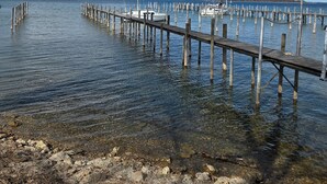 A wooden pier extending into calm water, surrounded by a rocky shoreline. - Apartment- 3 persons, 50sqm, 1 bedroom, balcony, WLAN (Oberwössen)