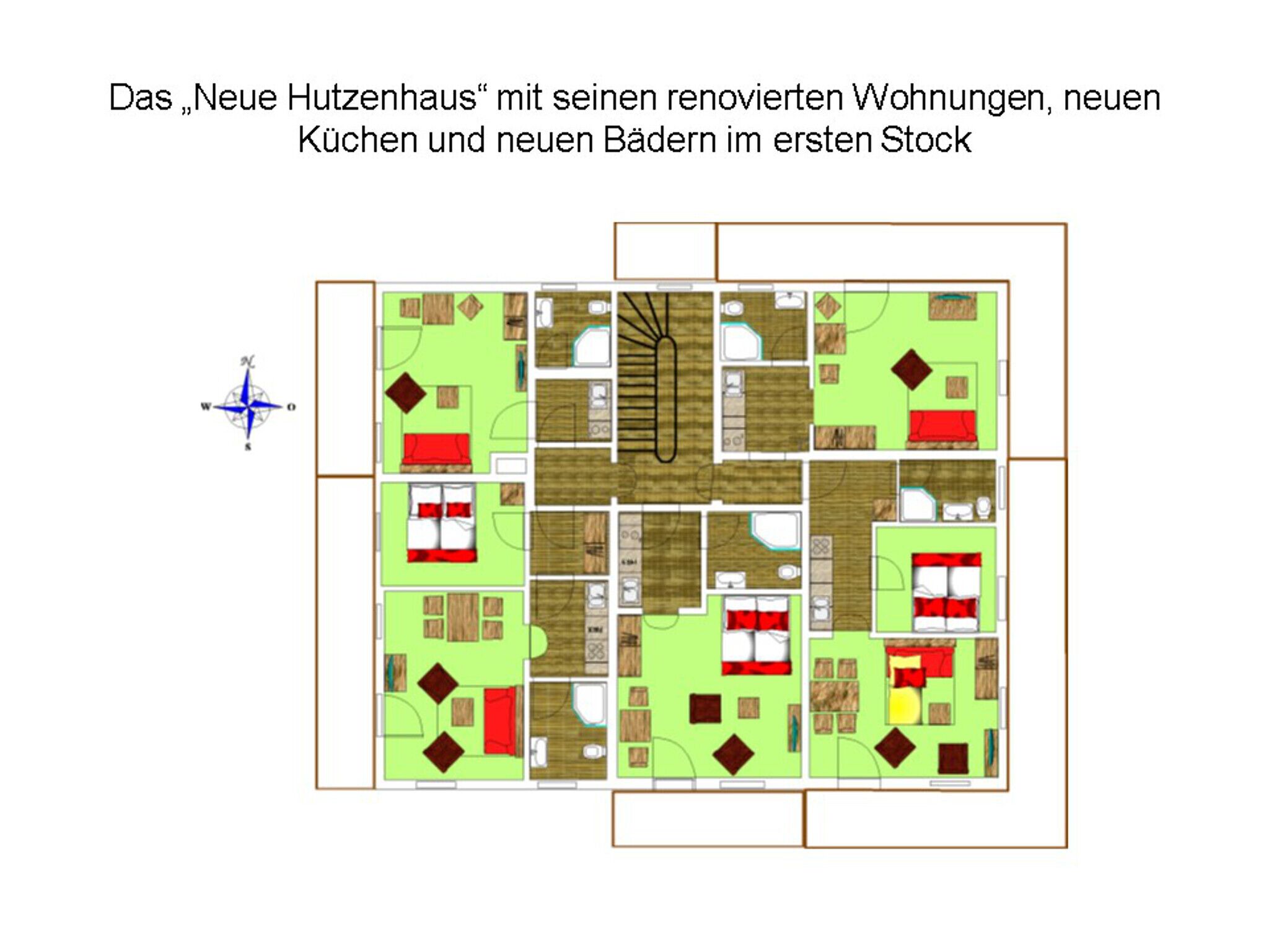 Un plan d’étage d’une maison rénovée comprenant plusieurs chambres, salles de bains et un espace cuisine.