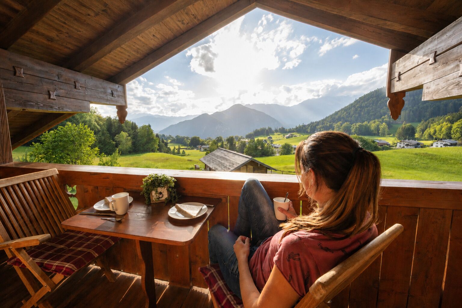 Una cabaña de madera con balcón y vistas a un paisaje montañoso.