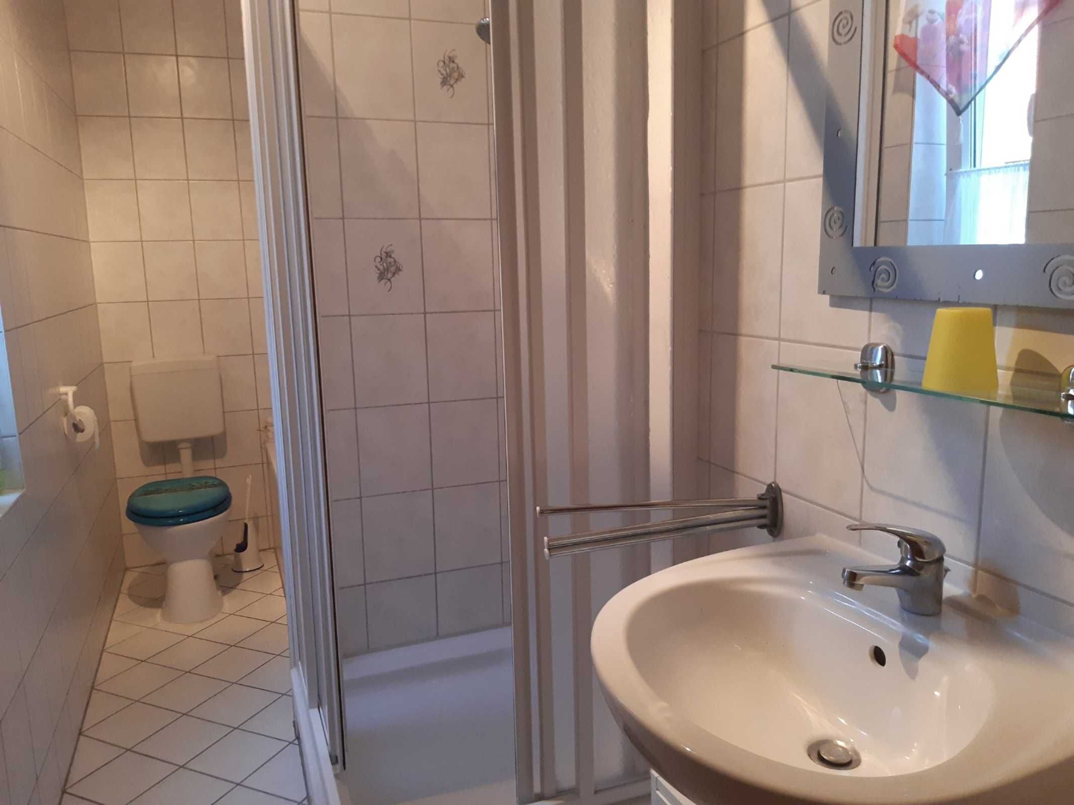 Ein Badezimmer mit Toilette, Dusche und Waschbecken.
