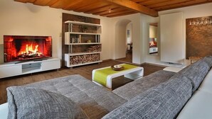 Un soggiorno moderno con camino, soffitto in legno ed elementi a incasso.