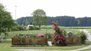 A rural landscape with a wooden fence, a path, and a tree with pink flowers. - Ferienwohnung 1 "Hortensie" (Nußdorf i. Chiemgau)