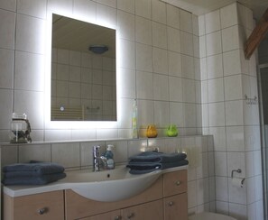 Tina, secadora de cabello, toallas 